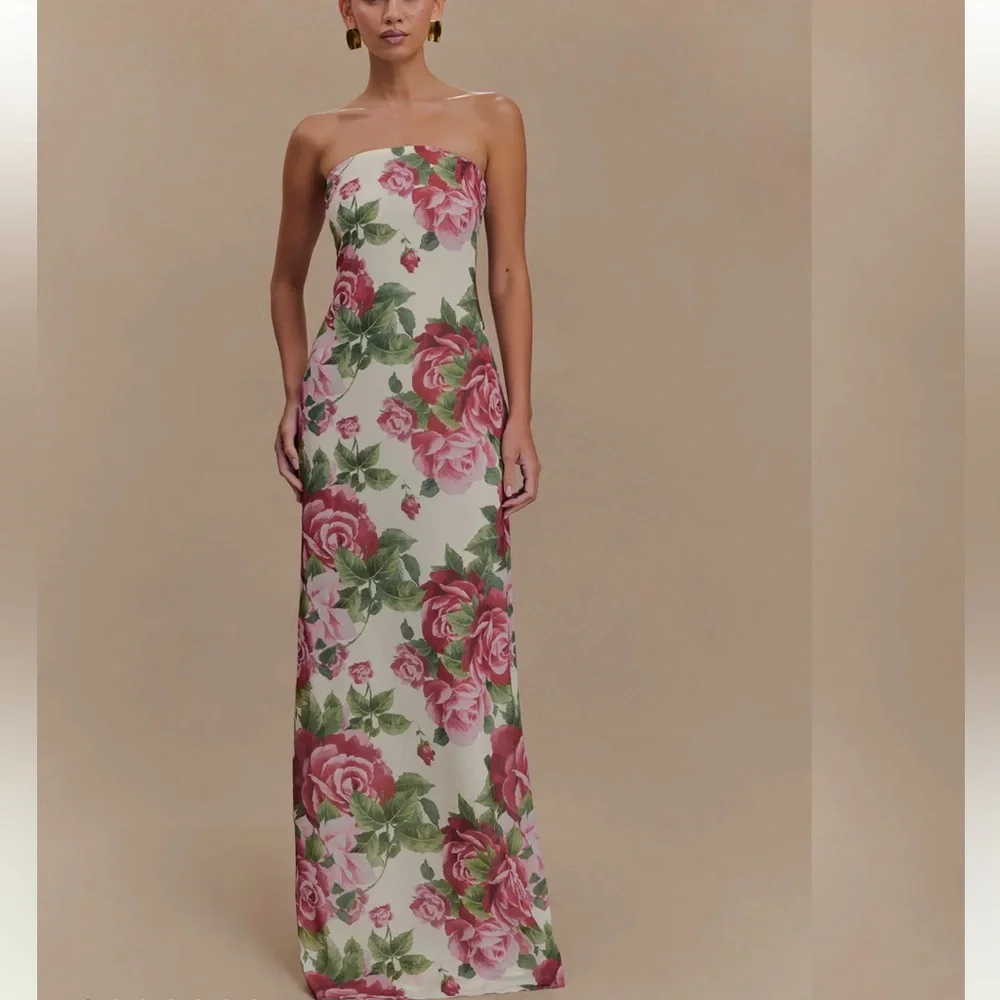Meshki Ella Strapless Chiffon Maxi Dress - Rose Print. - Picture 1 of 8